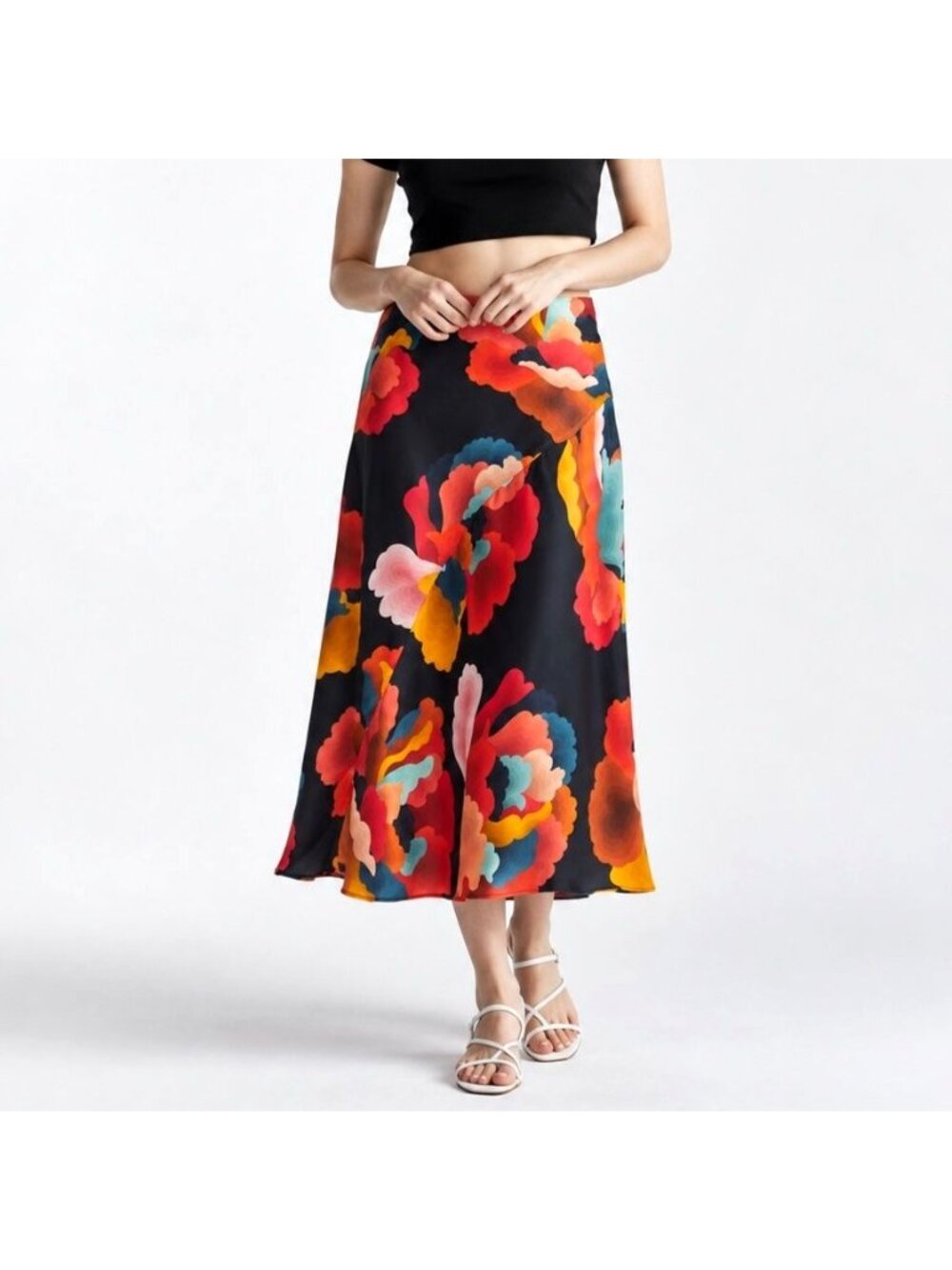 FARM Rio Fizan Bias Midi Skirt S Anthropologie Black Floral Satin Viscose Boho